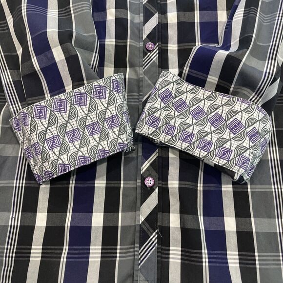 Zagiri Mens L Purple Black Plaid Button Up Flip Cuffs Embroidered Stich Shirt - Picture 4 of 11